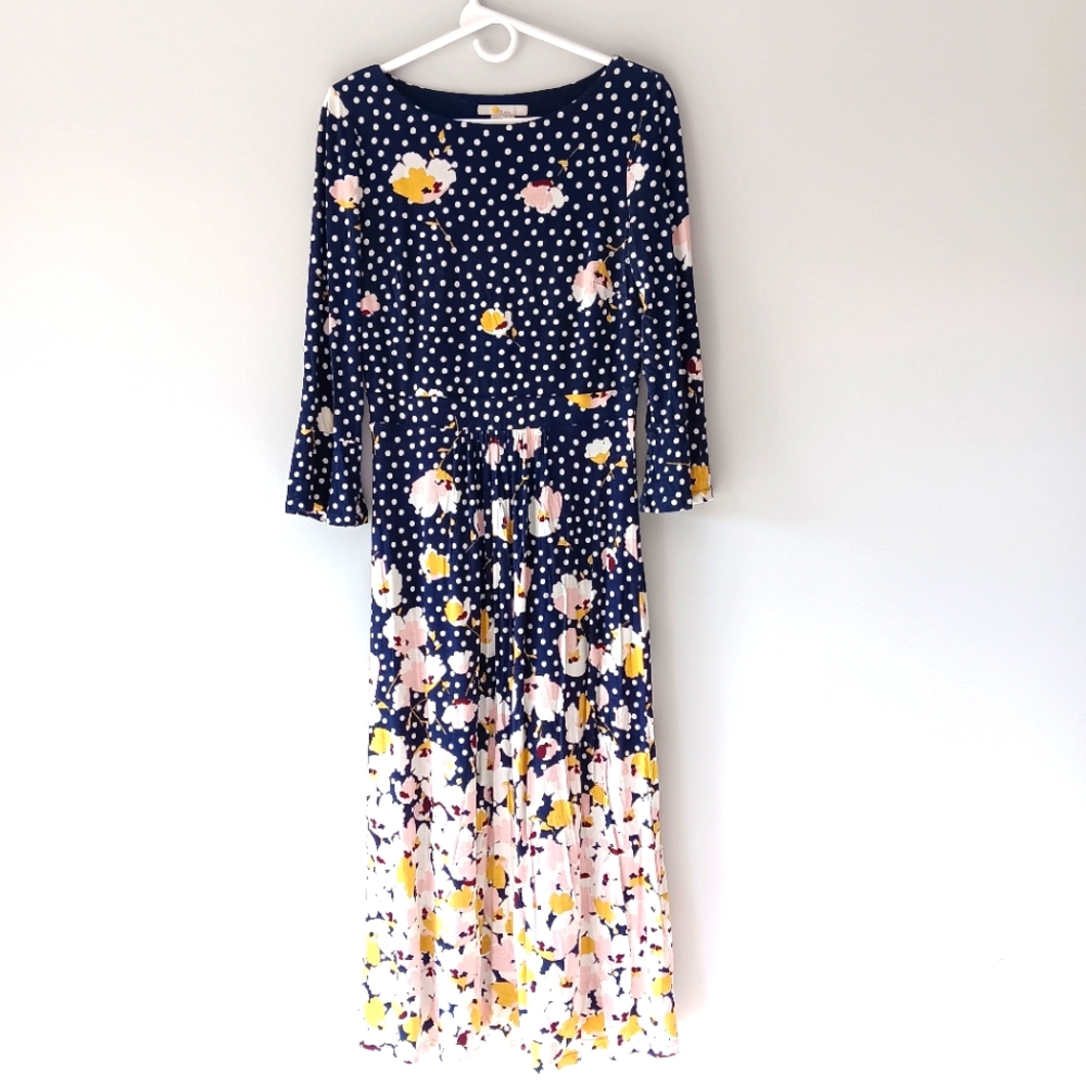 Boden Long-Sleeved Maxi Dress Polka Dots Flowers Pleated Navy Blue Pink White 6R